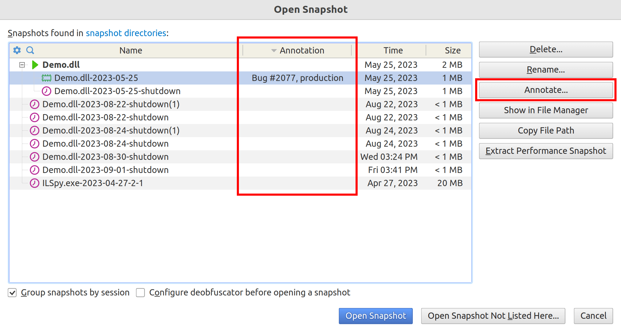 annotate in open snapshot
