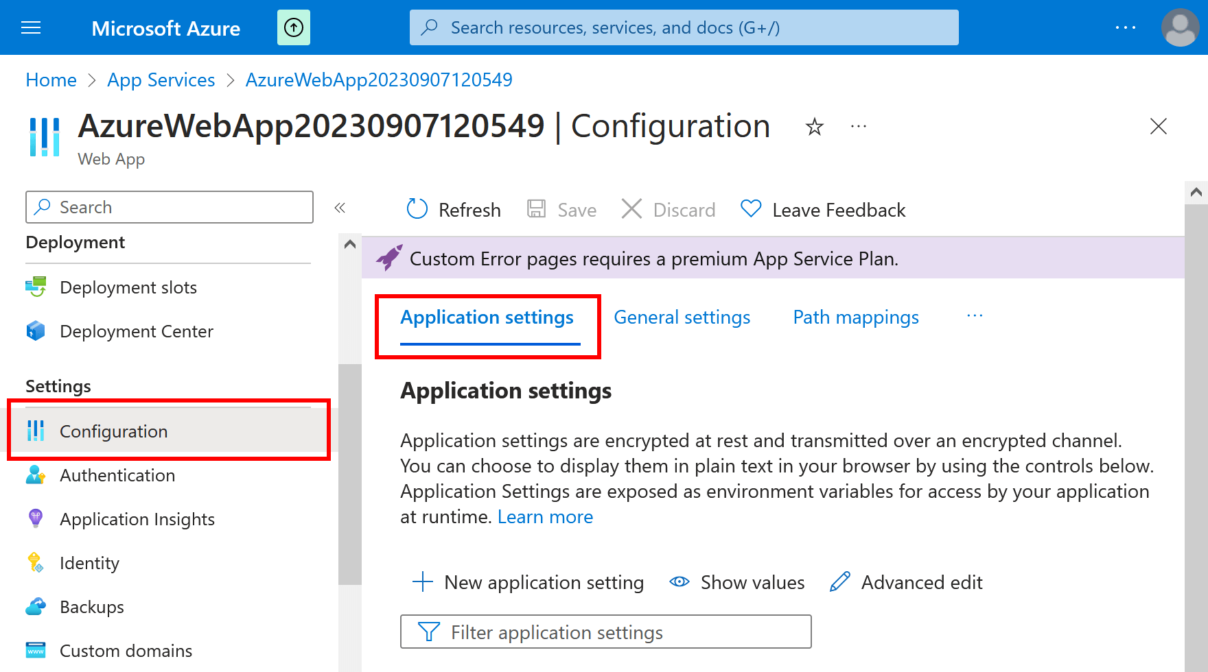 Azure App Service application settings