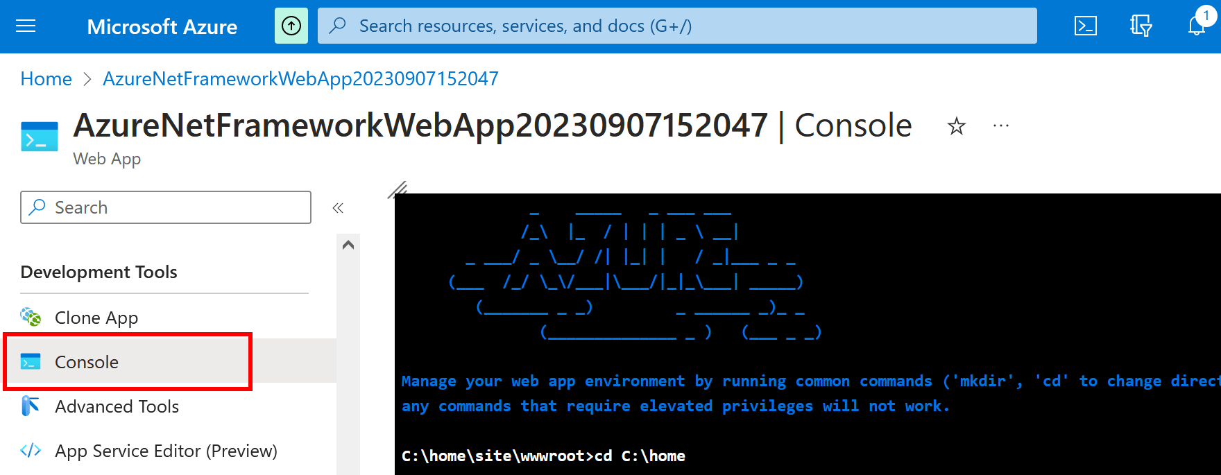 Console in Azure App Service portal