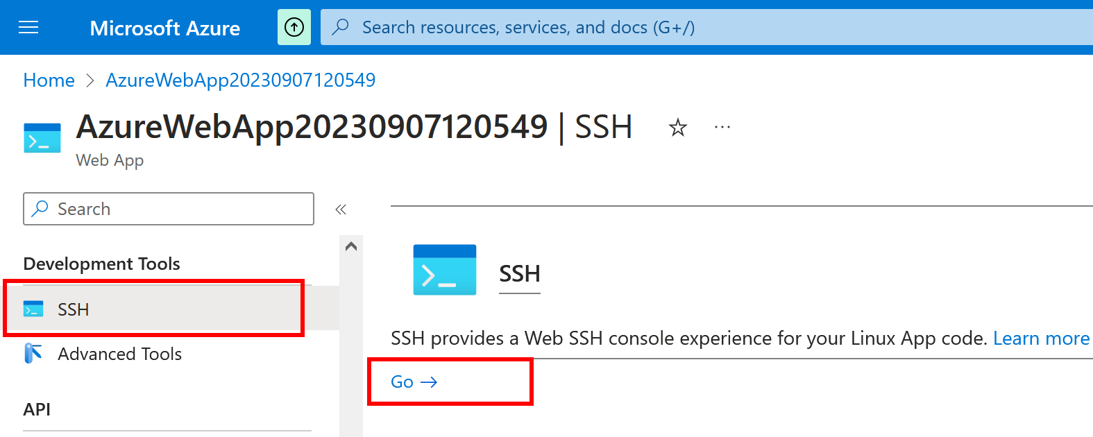 SSH in Azure App Service portal