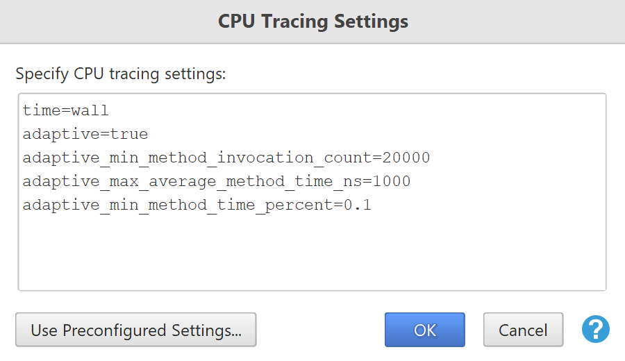 CPU tracing settings dialog