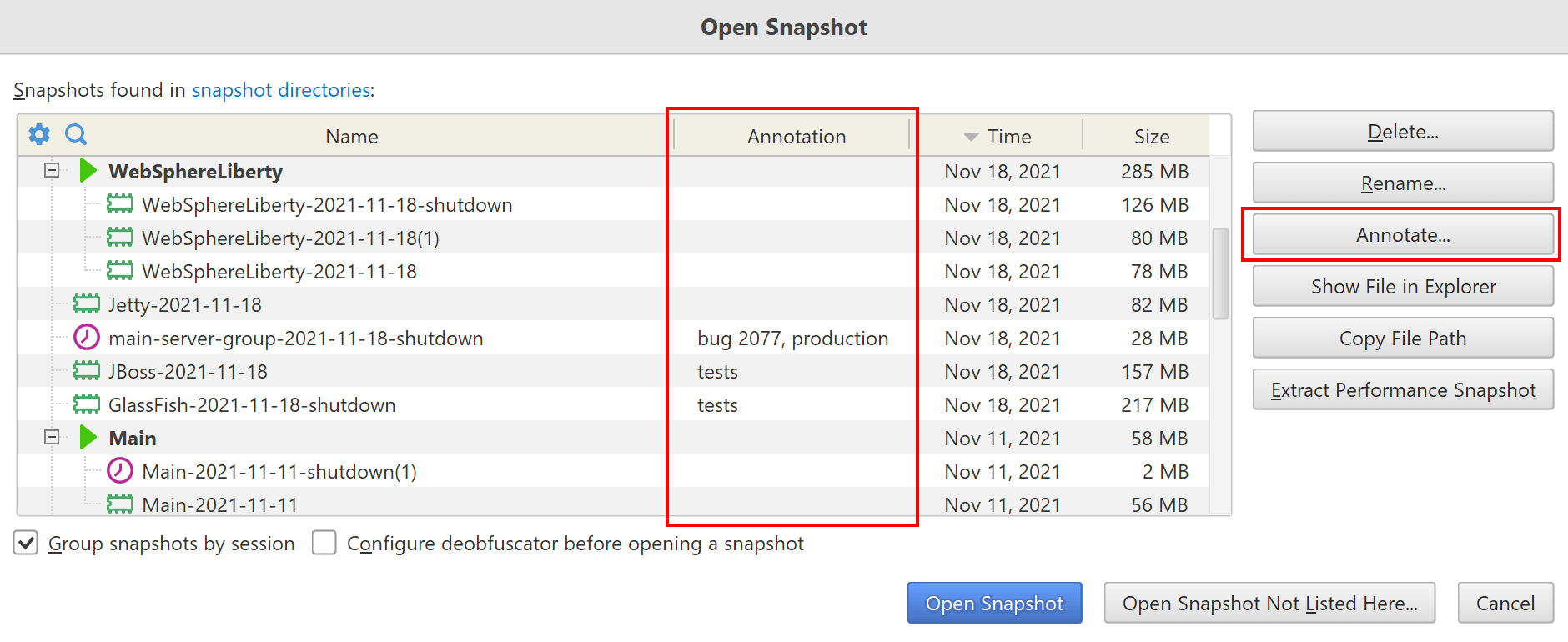 annotate in open snapshot