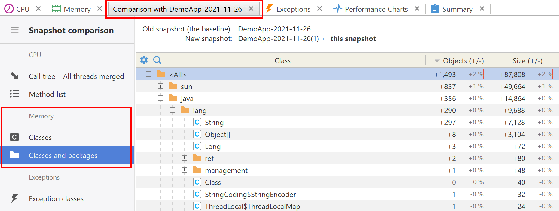 memory snapshot comparison